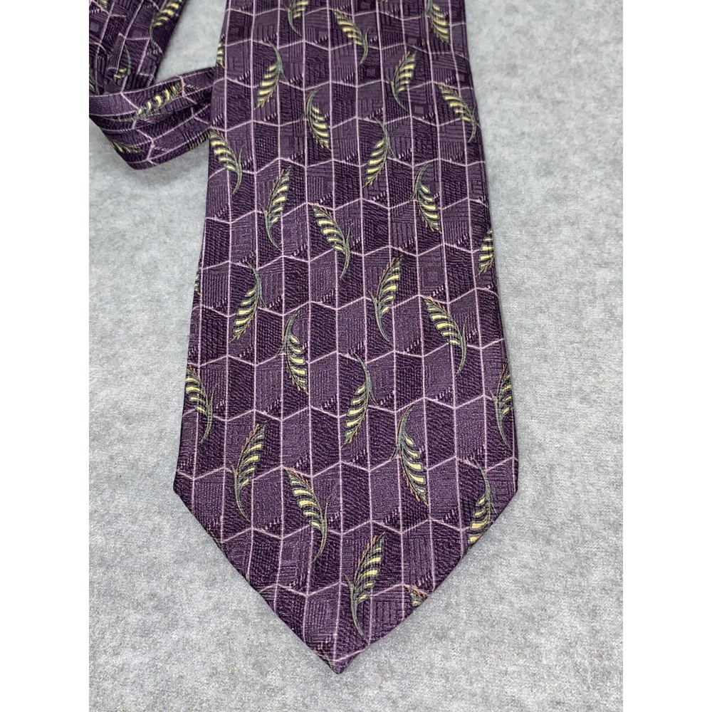 Villa Bolgheri Silk Made In Italy Designer Tie Geometric Purple W/ Feathers AOP